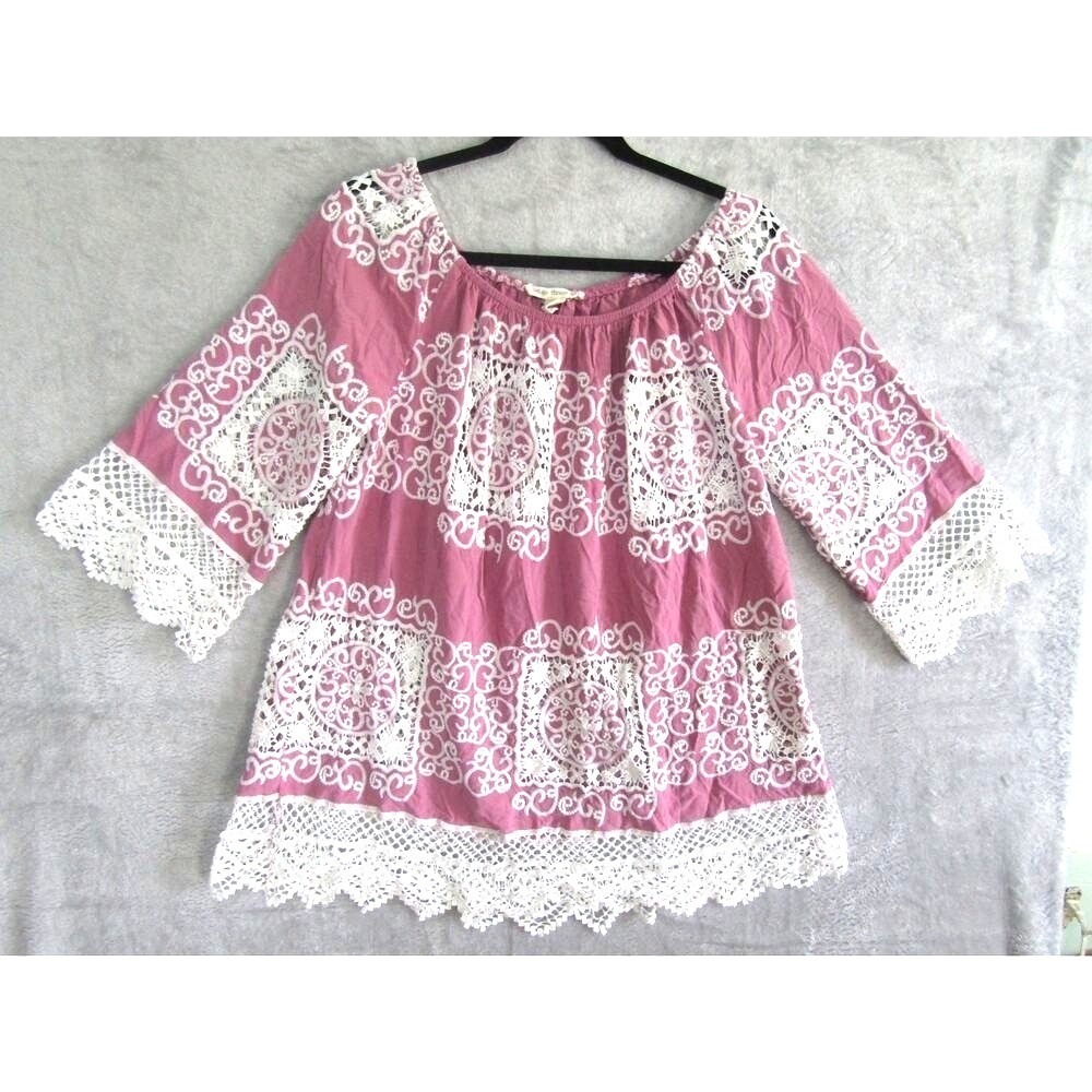 Indigo Thread Co Women's Boho Crochet Lace Peasant Top Pink White Embroidered Co